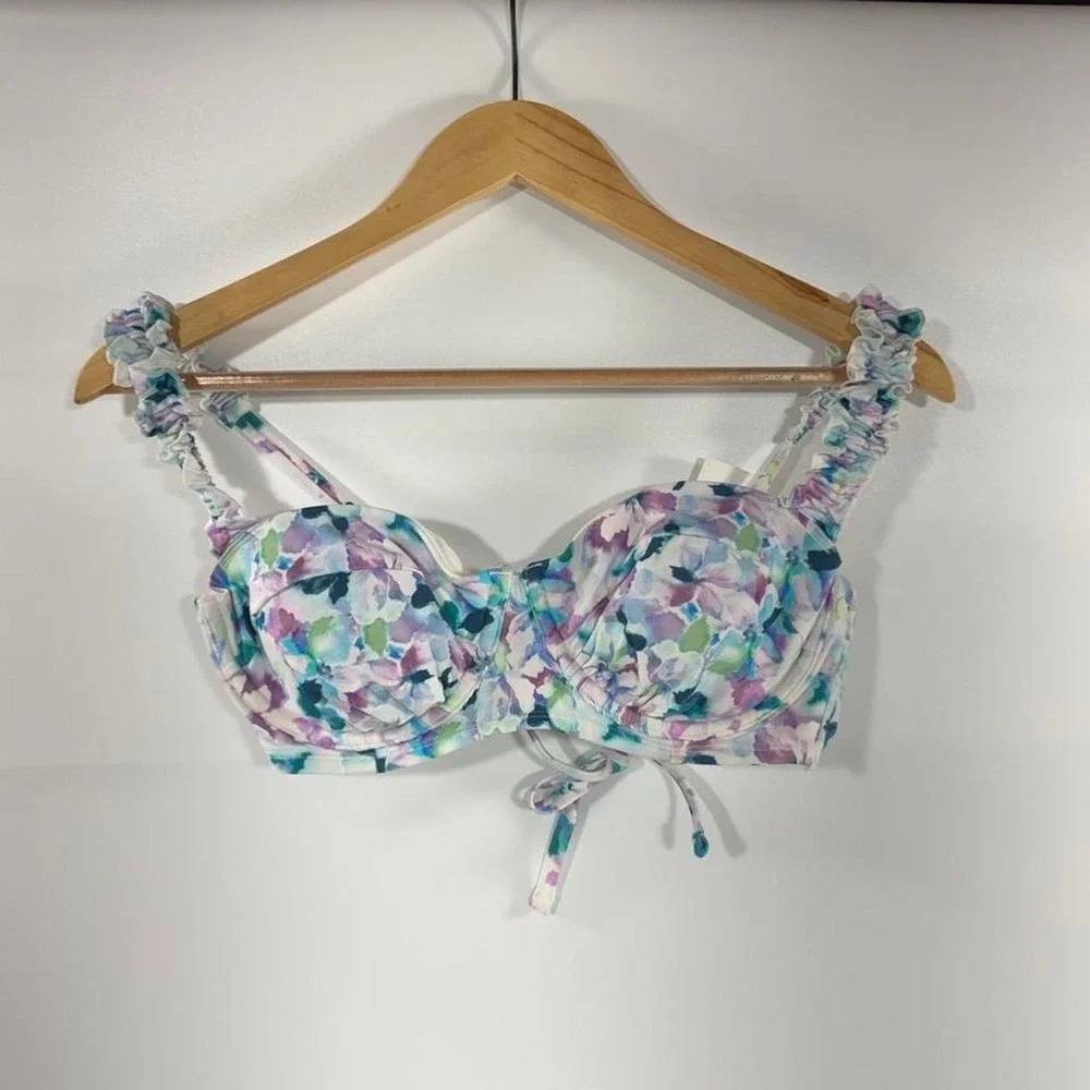 Multicolored Floral Bikini Top with Ruffles and Tie Detail